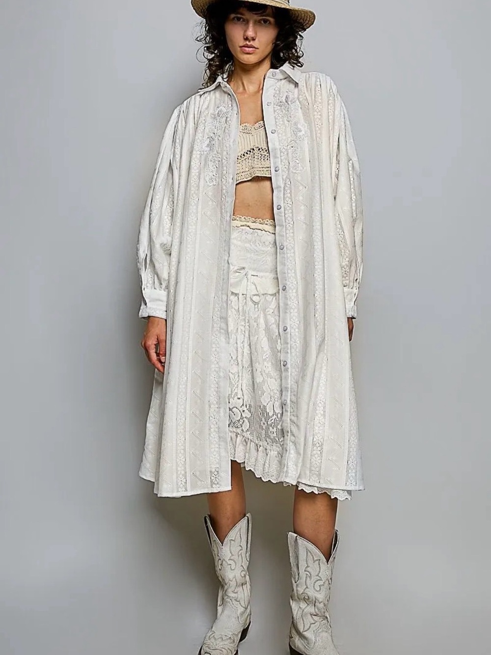 POL White Embroidered Button-Front Long Shirt Dress